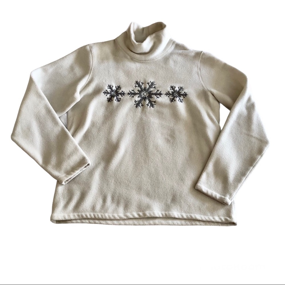 Lands End Mock Turtleneck Women’s S Fleece Sweatshirt White Snowflakes Christmas